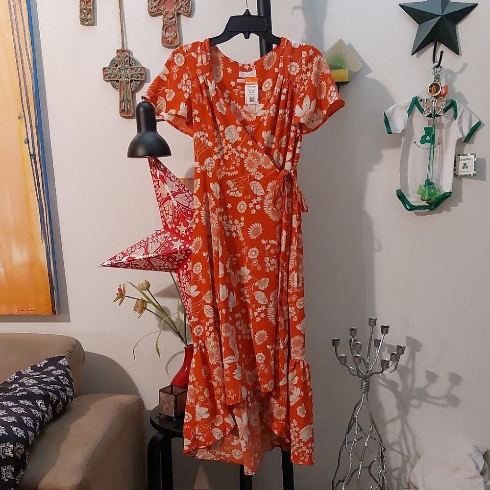 Urban Outfitters Rusty Orange Floral Print Wrap Dress